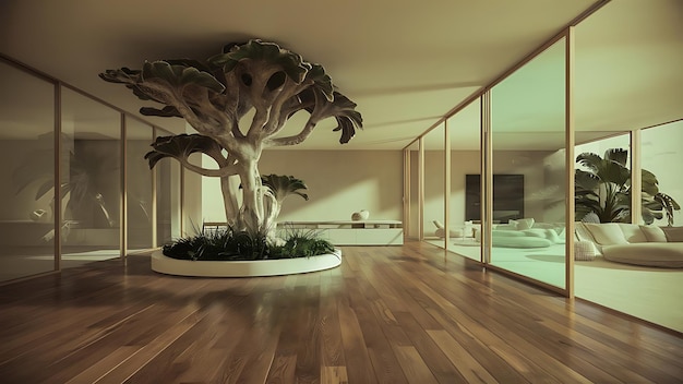 3d empty interior with home plant