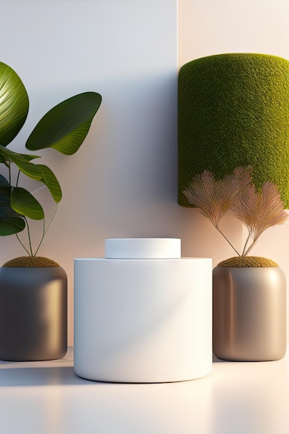 3D Empty modern minimal counter table top in dappled sunlight and foliage leaf shadow on white wal