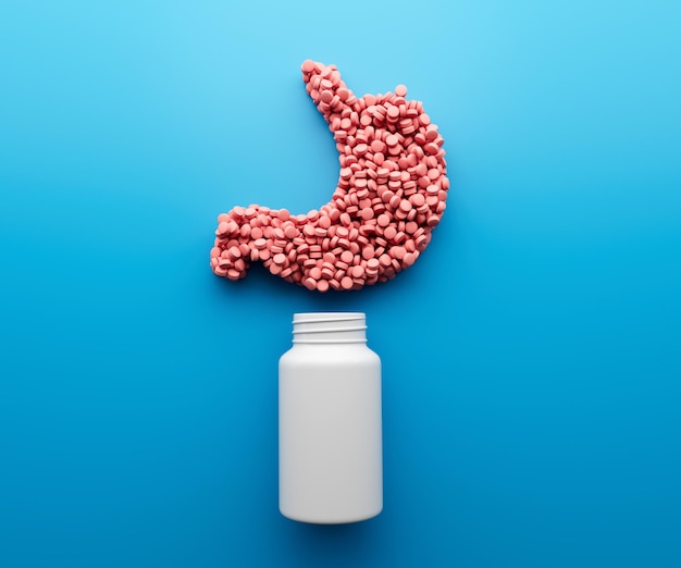 3d Empty White Pill Bottle With 3d Human Stomach Symbol Icon On Blue Background 3d Illustration