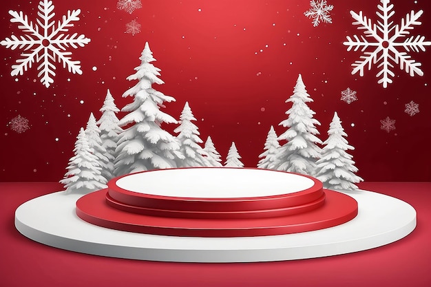 3d Empty white podium on red winter background with snow Vector illustration