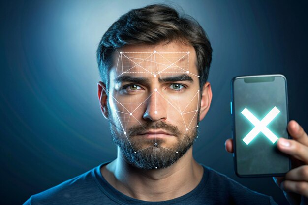 Photo 3d face recognition illustration with cross mark rejected concept of facial recognition face id system biometric identification face scan system