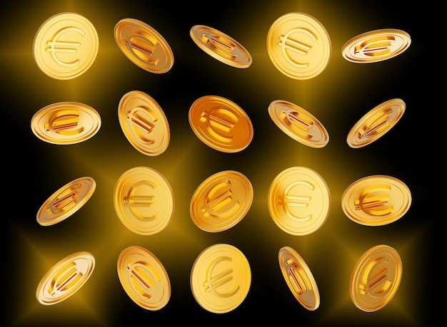 3d Falling Golden Shiny European Euro Rounded Coins On Black Background 3d Illustration