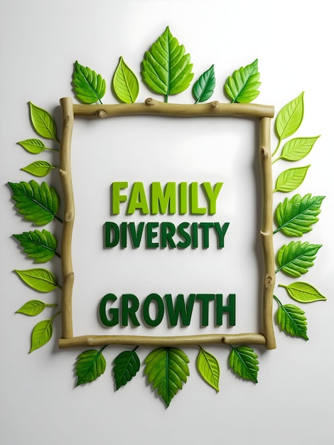 Photo 3d family diversity leaf frame with growth text concept as a natural themed border frame with leaf e