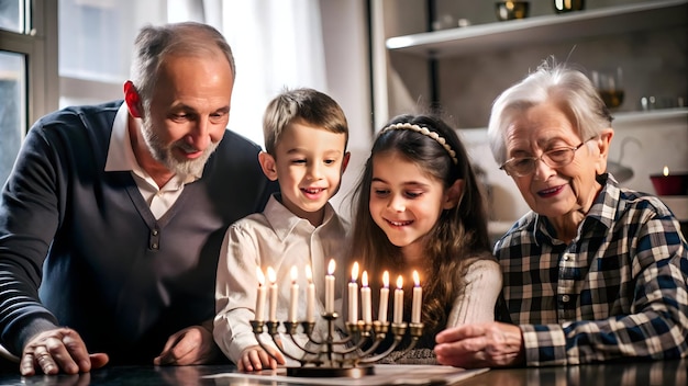 Photo 3d family lighting hanukkah candles together candid moment capturing joy tradition and warmth ar