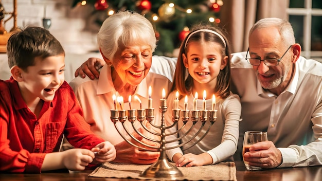 Photo 3d family playing dreidel around menorah candid hanukkah game concept with glowing menorah in back