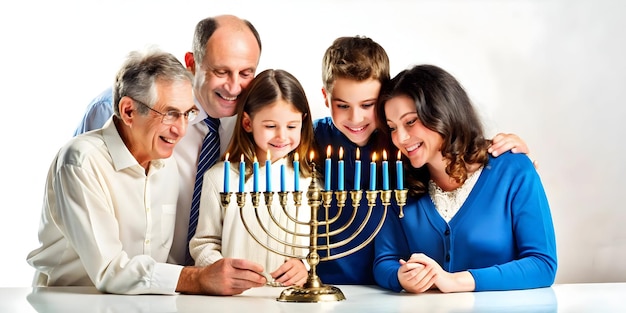 Photo 3d family praying around menorah heartfelt hanukkah moment unity devotion icon on white backgro