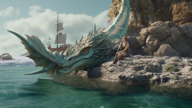 3d Fantasy dragon resting on the water with womanGenerative AI