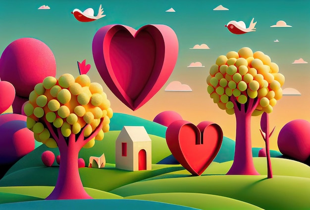 3D fantasy land made of hearts design concept made with Generative AI Valentine day or Mother Day