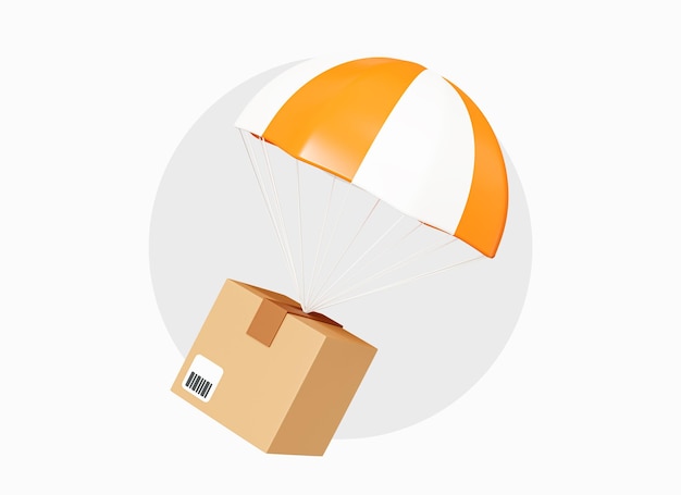 Photo 3d fast delivery concept with cardboard box and parachute