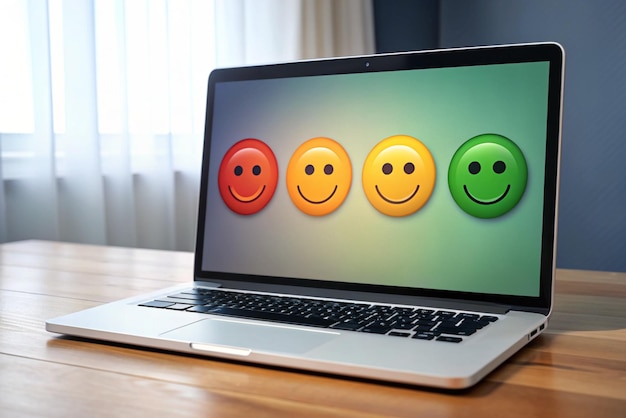 Photo 3d feedback emotion scale on computer reviews with good and bad rating feedback in the form of emotions customer reviews excellent good normal bad terrible modern vector in 3d style