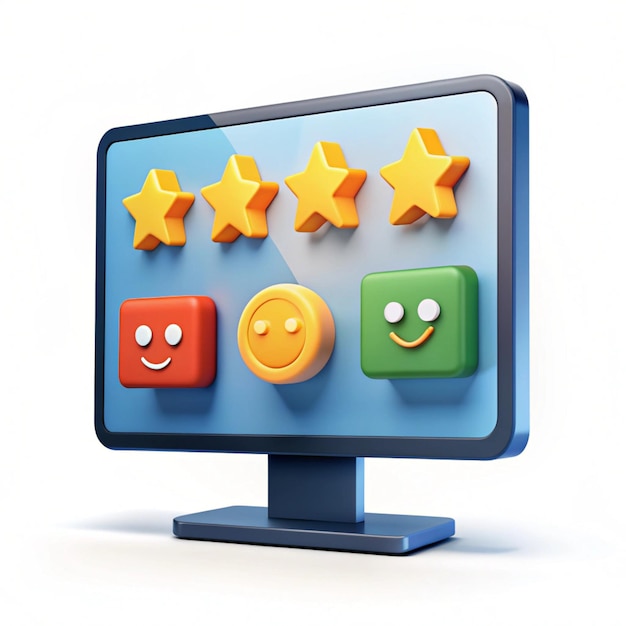 Photo 3d feedback emotion scale on computer reviews with good and bad rating feedback in the form of emotions customer reviews excellent good normal bad terrible modern vector in 3d style