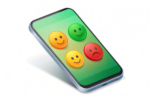 Photo 3d feedback emotion scale on phone reviews with good and bad rating feedback in the form of emotions customer reviews excellent good normal bad terrible modern vector in 3d style