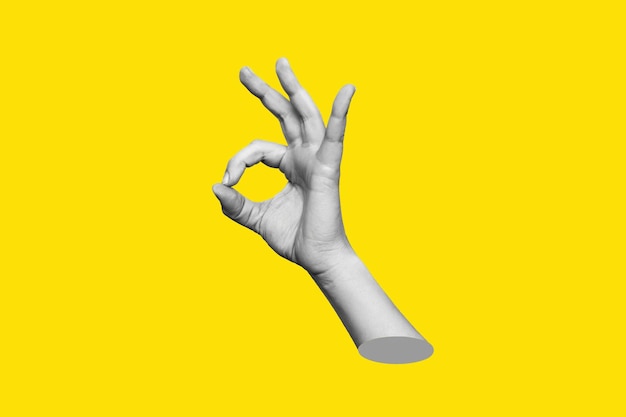 3d female hand showing the ok gesture isolated on a yellow color background