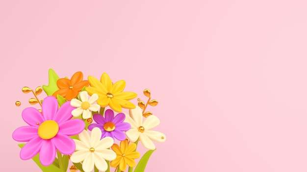 3D festive background with a bouquet of bright flowers and leaves for Mother's Day or Women's Day