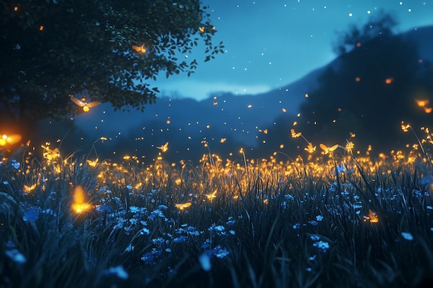 3D Fireflies Glowing fireflies in a midnight meadow Background Wallpaper