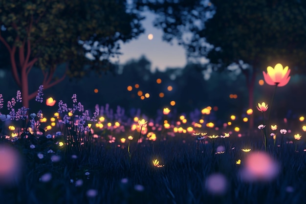 3D Fireflies Glowing fireflies in a midnight meadow Background Wallpaper