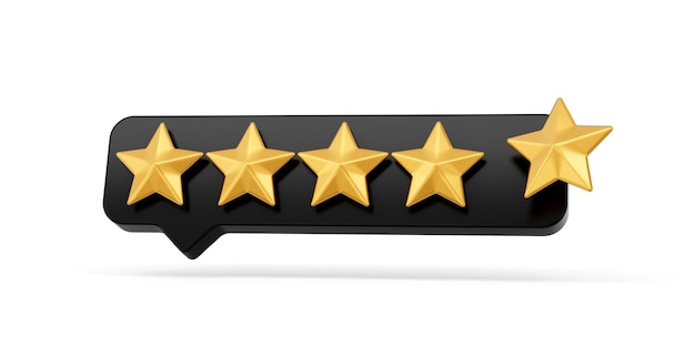 3d Five Golden Shiny Rating Stars Symbol With 3d Black Chat Icon On White Background 3d illustration