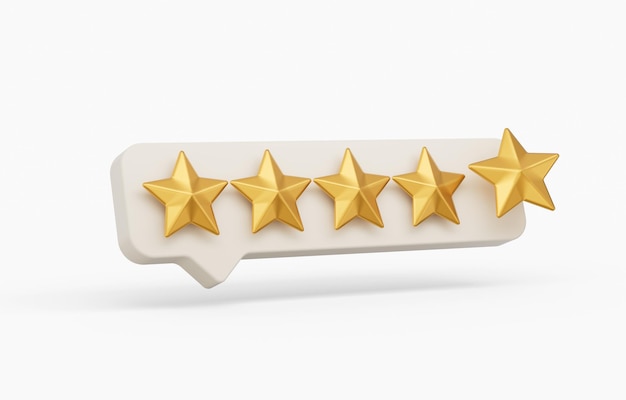 3d Five Golden Shiny Rating Stars Symbol With 3d White Chat Icon On White Background 3d illustration