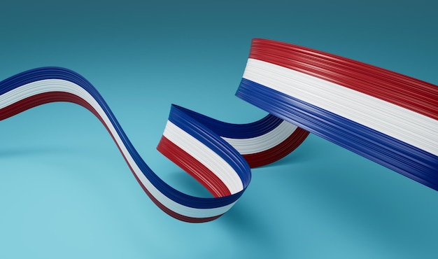 3d Flag Of Netherlands 3d Wavy Shiny Netherlands Ribbon Isolated On Blue Background 3d illustration