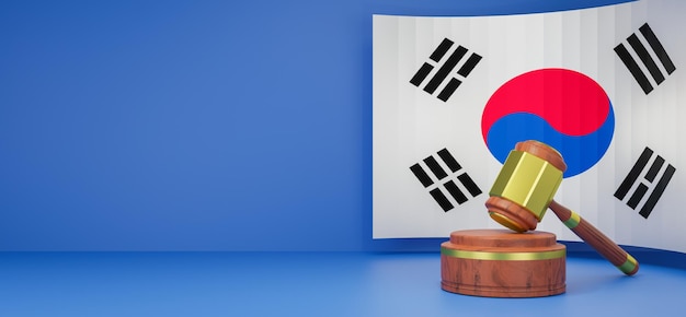 3D Flag of South Korea and gavel with copy space banner background