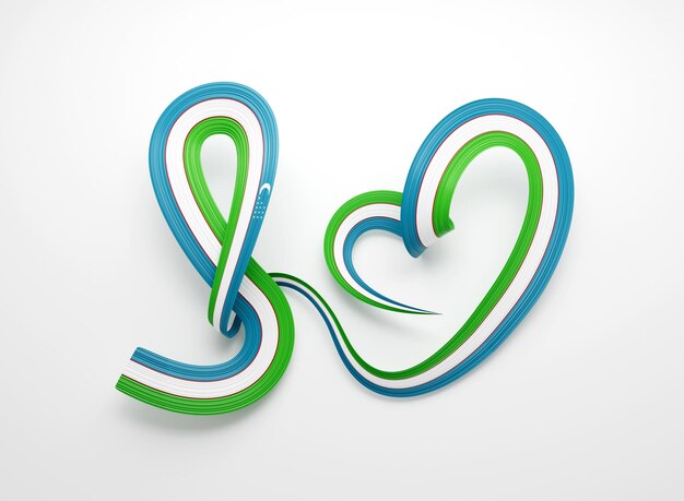 3d Flag Of Uzbekistan Heart Shaped Wavy Awareness Ribbon Flag On White Background 3d Illustration