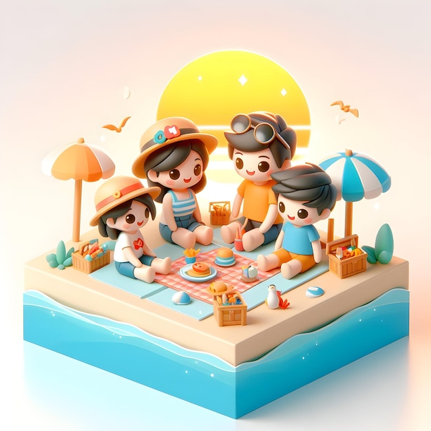 3D flat cute chibi icon for Family enjoying a beach picnic at sunset in Summer event theme with isol