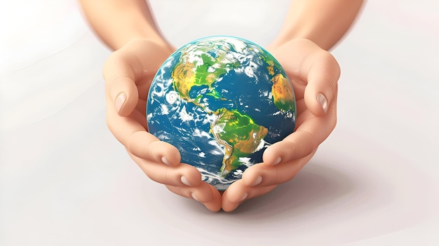 3D Flat Earth Icon Held by Hands Shared Responsibility for a Sustainable Future