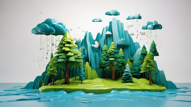 3d Flat icon as Acid Rain and Healthy Forest concept as A view illustrating the effects of acid rain