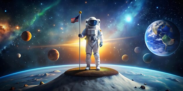 3d Flat icon as Astronaut with Helmet and Flag on Floating Island concept as Long shot of an astrona