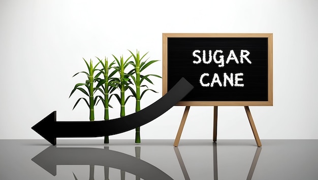 Photo 3d flat icon as blackboard with sugar cane and downward curve concept as a blackboard with sugar can