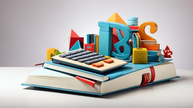 3d Flat icon as Book and Calculator concept as A book with a calculator on top set against a whimsic