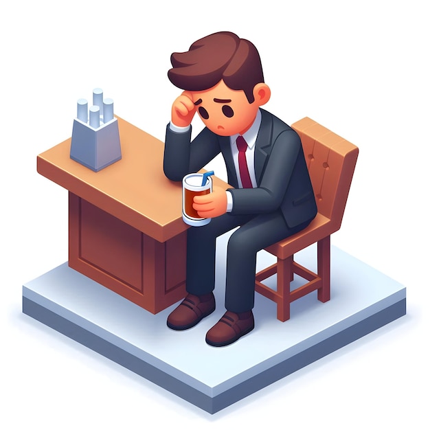 3d Flat icon as Businessman sitting at a bar looking stressed and holding a drink concept as A busin