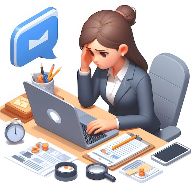 3d Flat icon as Businesswoman looking at a missed opportunity email appearing stressed and regretful