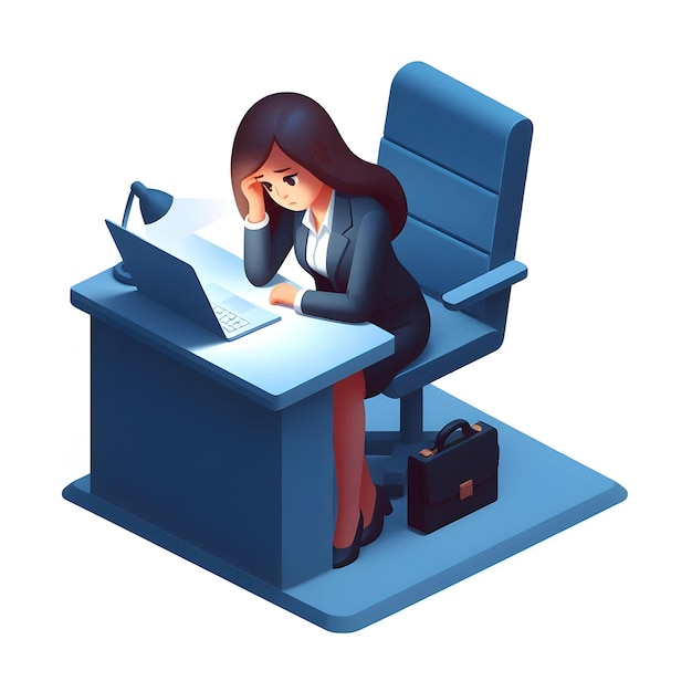 3d Flat icon as Businesswoman sitting alone in a dark office looking distressed concept as A busines