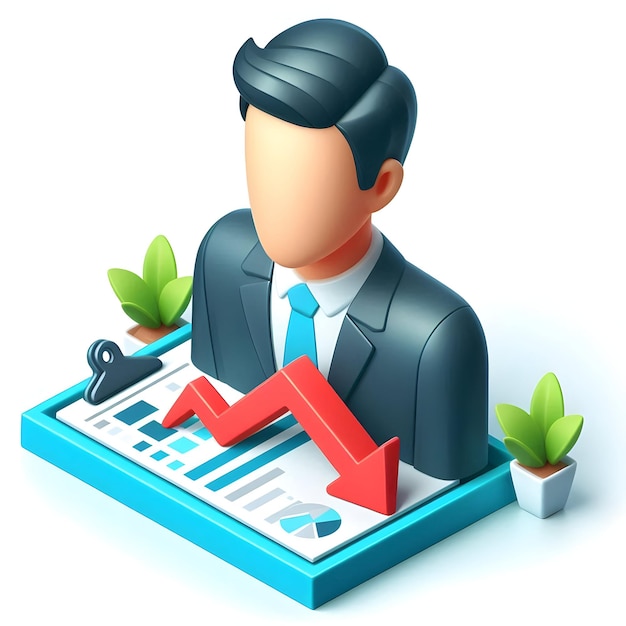 3d Flat icon as CEO with bad quarterly earnings report concept as A CEOs profile blended with a bad