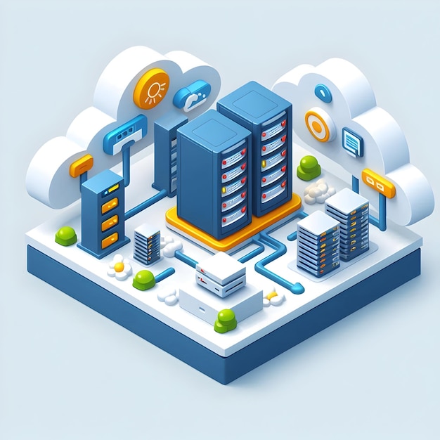 3d Flat icon as Cloud computing infrastructure with data centers and servers concept as Vector illus