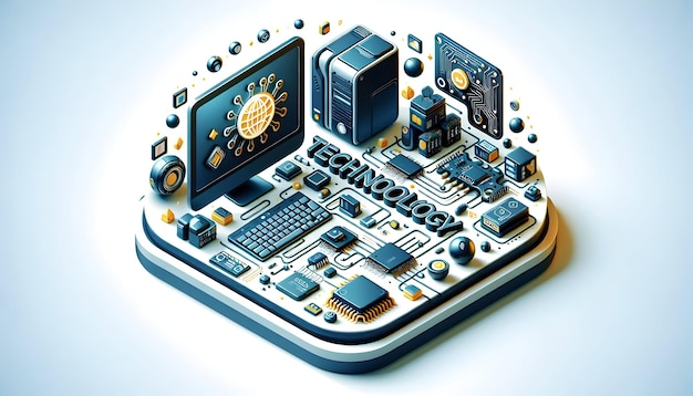 3d Flat icon as Computer and Circuit Board with Technology Wording concept as A detailed illustratio