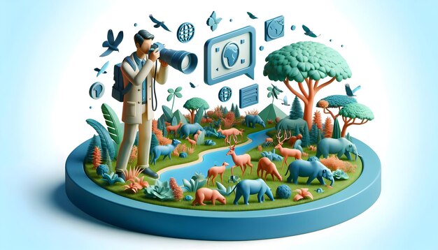 Photo 3d flat icon as ecologist with digital camera and wildlife in national park concept as long shot of