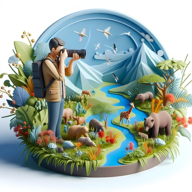 Photo 3d flat icon as ecologist with digital camera and wildlife in national park concept as long shot of