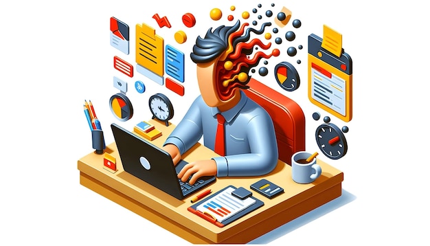 3d Flat icon as Employee with burnout symptoms concept as An employees profile blended with burnout