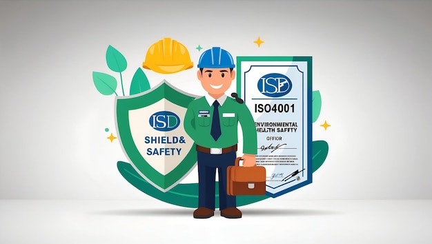 Photo 3d flat icon as environmental health and safety officer with shield and certificate concept as an im