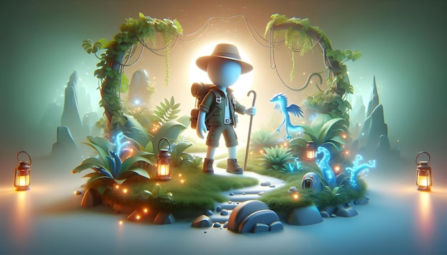 Photo 3d flat icon as explorer with hat and backpack in enchanted jungle concept as long shot of an explor