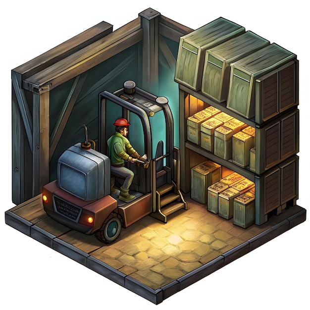 Photo 3d flat icon as forklift operator with pallet and loading dock in enchanted warehouse concept as wid