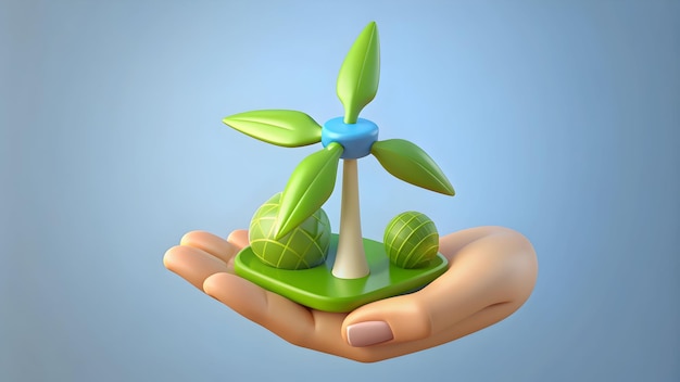 3d Flat icon as Hand holding a cut leaf in front of a corporate building concept as A hand holding a