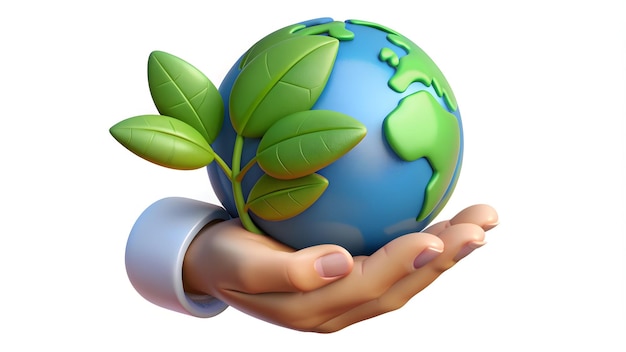 3d Flat icon as Hand holding a cut leaf over a globe concept as A hand holding a cut leaf over a glo