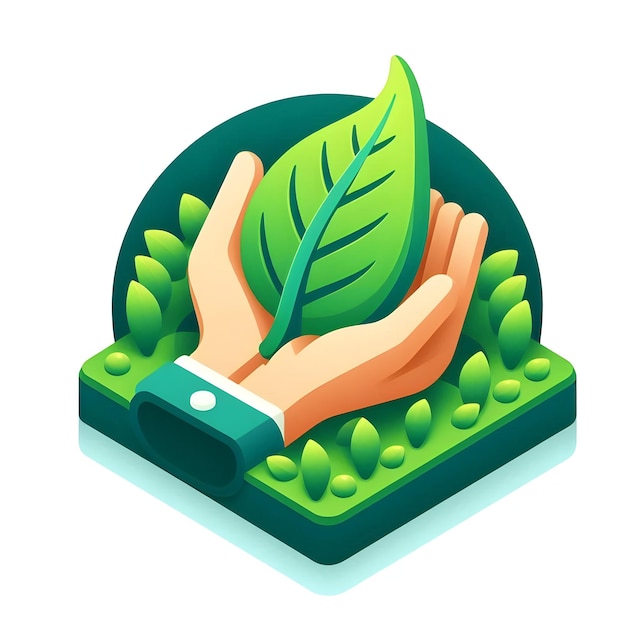 Photo 3d flat icon as hand holding a cut leaf in a green field concept as a hand gently holding a cut leaf