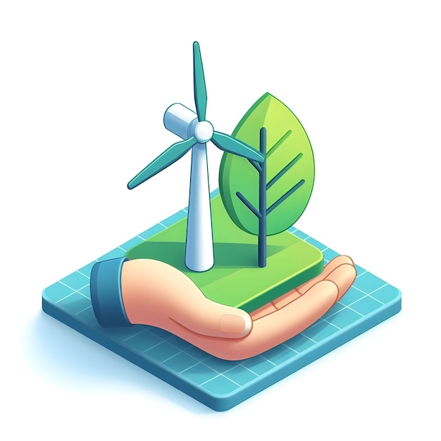 Photo 3d flat icon as hand holding a cut leaf near a wind turbine concept as a hand holding a cut leaf nea