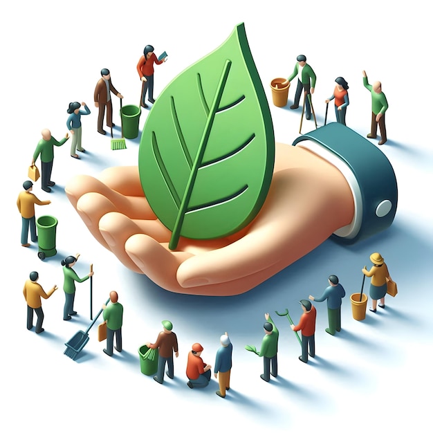 Photo 3d flat icon as hand holding a cut leaf with a community cleanup event concept as a hand holding a c