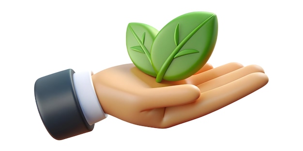 3d Flat icon as Hand holding a cut leaf with a CSR logo concept as A hand holding a cut leaf with a