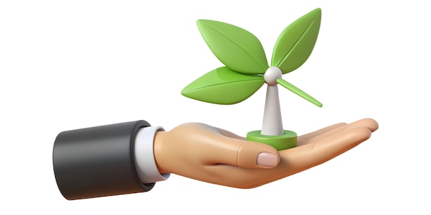 3d Flat icon as Hand holding a cut leaf with a wind farm in the background concept as A hand holding